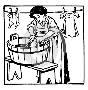 Woman Washing Clothes on Washboard, vintage illustration