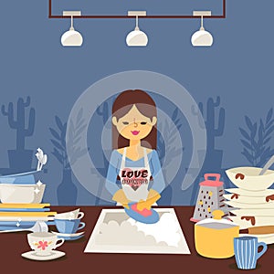 Woman is washing dishes, vector illustration. Housewife in kitchen, cleaning plates after dinner. Domestic cleanup