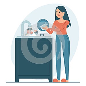 Woman washing dishes vector isolated. Everyday routine