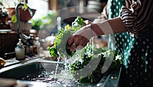 Woman washing fresh green vegetable in kitchen sink