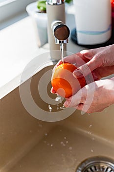 Woman washing fresh ripe tomatoes under tap water in kitchen