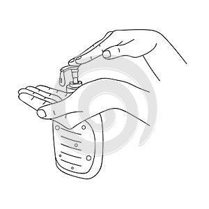 Woman washing hands with liquid soap with pumping from bottle. Use of disinfectant to protect health from viruses and germs