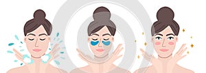 Woman washing her face, applying eye patches and looking great