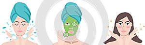 Woman washing her face, applying face mask and looking great