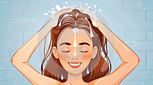 Woman washing her hair with shampoo in a refreshing shower inside a contemporary bathroom