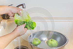 Woman washing lettuce and fruit in kitchen sink with running water.