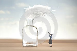 Woman watches with telescope a cloud that is freed from a vase and escapes into the sky