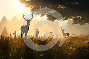 Woman watching family of deer graze in sunlit meadow. Generative AI