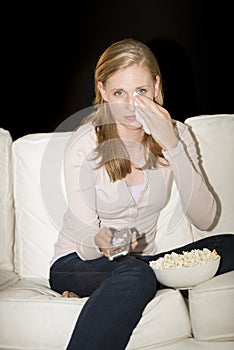 Woman Watching Sad Movie On TV