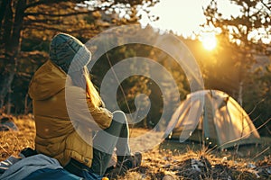 Woman watching sunset over the mountains