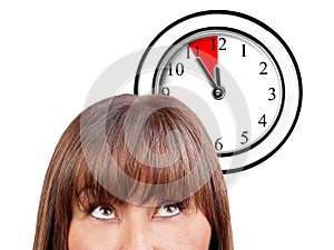 Woman watching wall clock five minutes deadline isolated