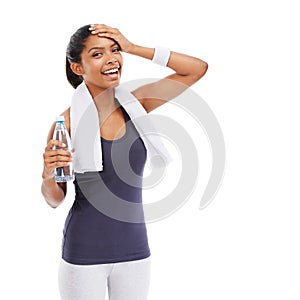 Woman, water bottle and fitness in portrait for hydration, studio and liquid for health and wellness. Athlete, female