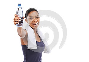 Woman, water bottle and smile in portrait for hydration, studio and liquid for health and wellness. Athlete, female