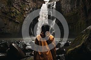 Woman waterfall view. Generate Ai