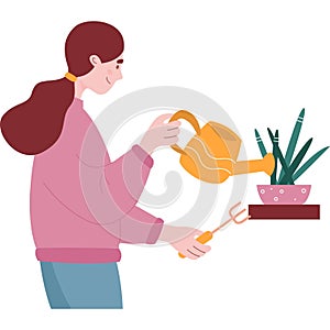 Woman watering flower vector home garden icon