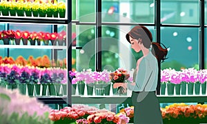 woman watering flowers. woman collects a bouquet in a glassed flower shop photo