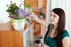 Woman watering flowers in pots at home