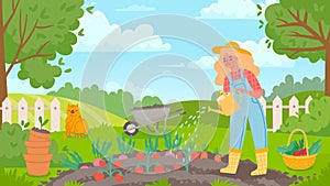 .Woman watering garden. Female gardener works, farming, grows vegetables and waters tomato. Agriculture landscape and