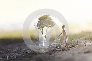 woman watering her plant that needs energy to a light bulb