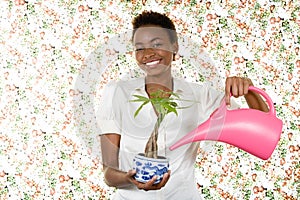 Woman watering houseplant