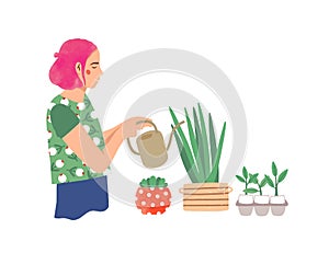 Woman watering houseplants flat vector illustration. Young lady taking care of potted plants cartoon character. Hipster