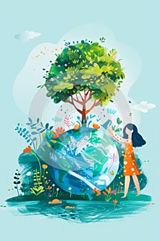 Woman watering planet Earth surrounded by vegetation. June 5th, World Environment Day. Isolated on light blue background.
