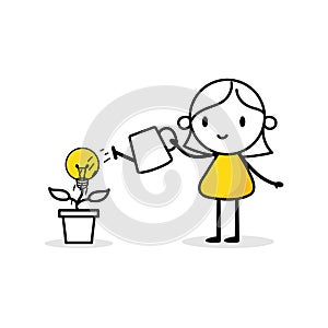 Woman is watering a tree with lightbulb with a watering can. Boy gardener grows plant. Idea for eco future, environment