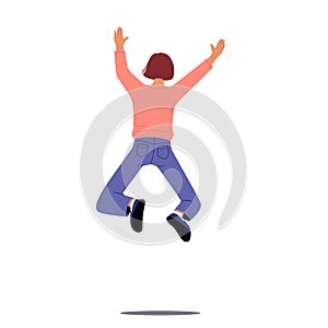 Woman Waving Hands, Jump And Celebrate Success Back View. Female Character With Raised Arms Feel Positive Emotions