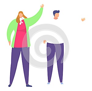 Woman waving hello with disassembled man parts floating. Simplified abstract people greeting, body parts disconnected