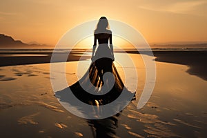 Woman Wear Black Long Dress Walking On A White Sand Beach At Sunset