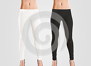 Woman wear blank leggings mockup, black, white, on grey.