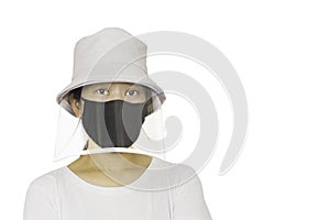 Woman wear face shield and protective mask to protect colonavirus.