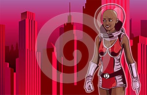 Woman wear retro sci-fi space suit. Walking to the street big city. Virus COVID-19 fly around. Vector illustration.