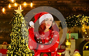 Woman wear santa claus hat. christmas time composition. happy new 2021 year. cheerful girl wait for xmas presents. time