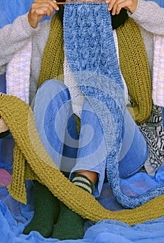 Woman wear white woolen sweater, moss green wool scarf knit handmade present for winter