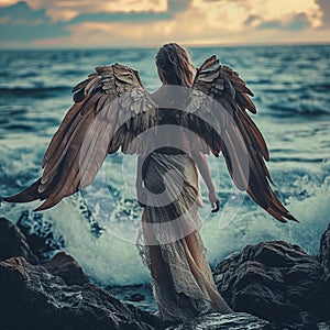 a woman wearing angel wings standing on rocks near water