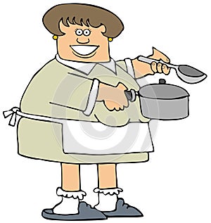 Woman wearing an apron and holding a soup pot and ladle.