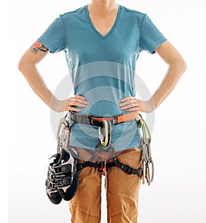 Woman wearing belay system for climbing. photo