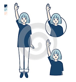 A woman wearing a big size T-shirt with raise hand images