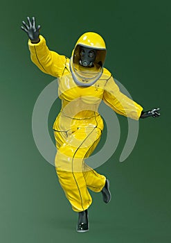 Woman wearing a biohazard suit running