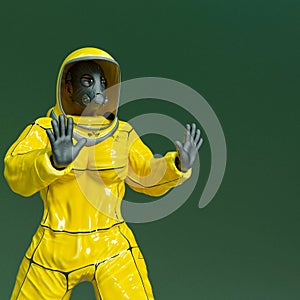 Woman wearing a biohazard suit saying back away