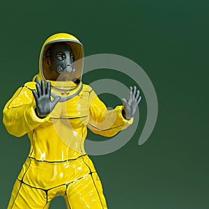 Woman wearing a biohazard suit saying back away photo