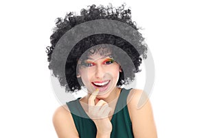 Woman wearing black afro wig