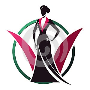 A woman wearing a black dress stands before a green and red circle in this sleek and sophisticated image, Sleek and sophisticated