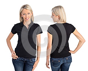 Woman wearing black polo shirt