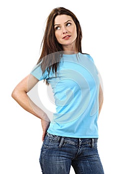 woman wearing blank light blue shirt