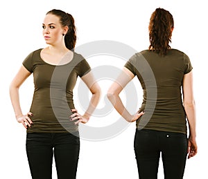 Woman wearing blank olive green shirt