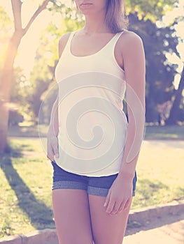 Woman wearing blank vest outdoor