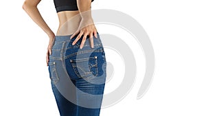 woman is wearing blue jeans.