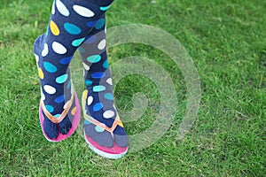 Woman wearing bright socks with flip-flops standing on grass